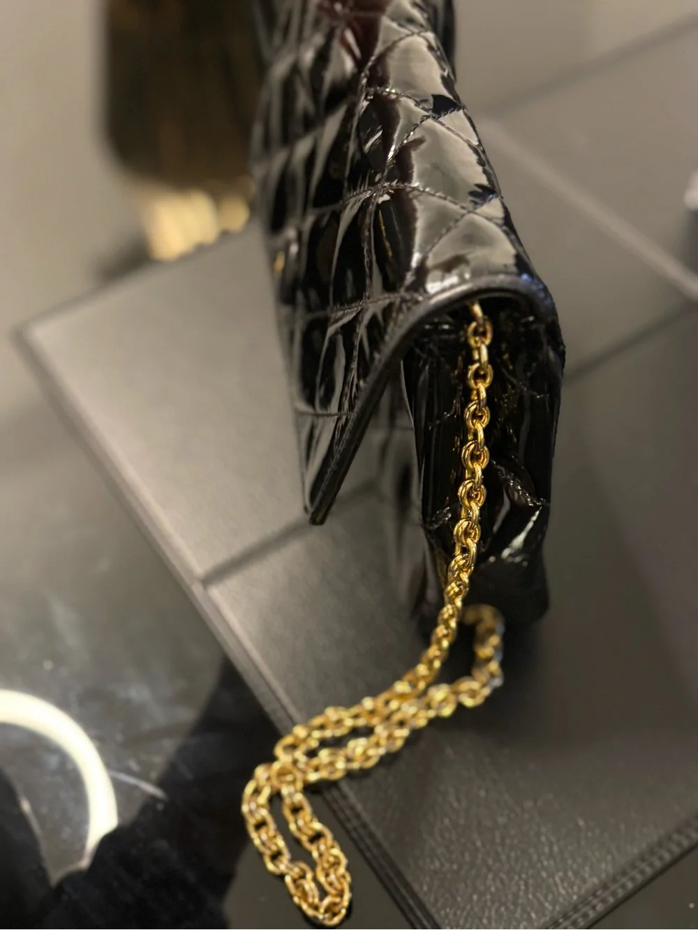 CHANEL Black Patent Quilted Crossbody with Gold Chain